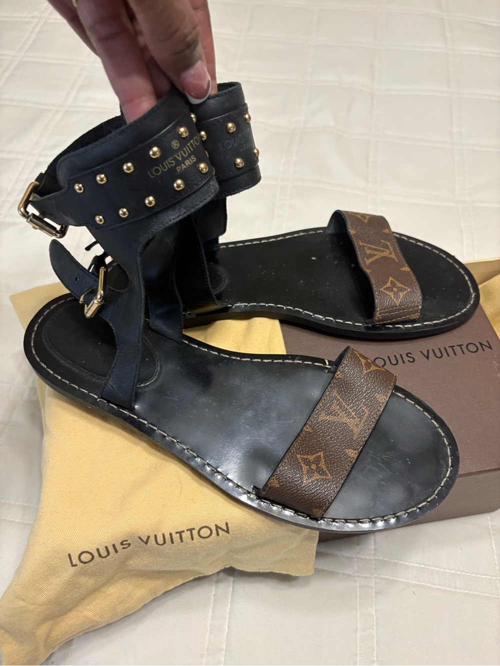 Louis Vuitton Black Leather Ankle-Stud Sandals with Monogram Strap